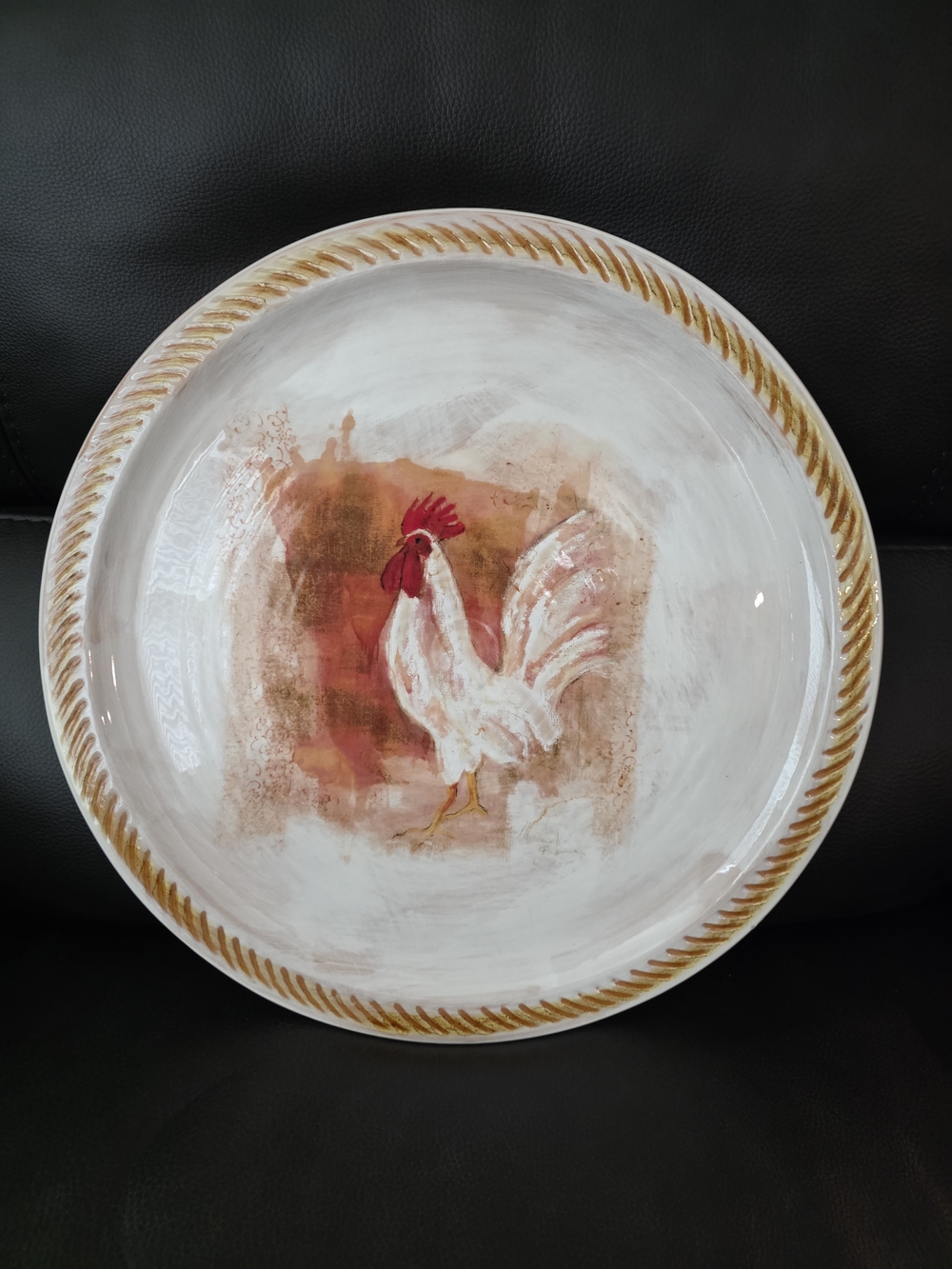 Pier 1 White Ceramic Rooster Plate with Brown and Red Accents